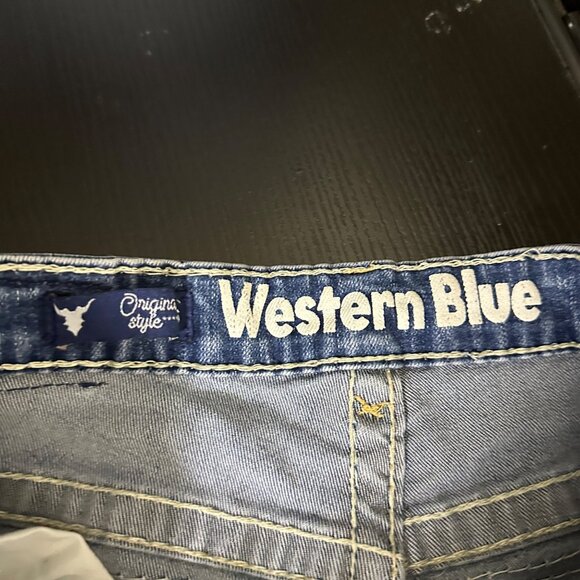 Western Blue Denim Jean Pant Women 30 Blue Embroidered Indie Rock Riding Bootcut - Picture 6 of 15